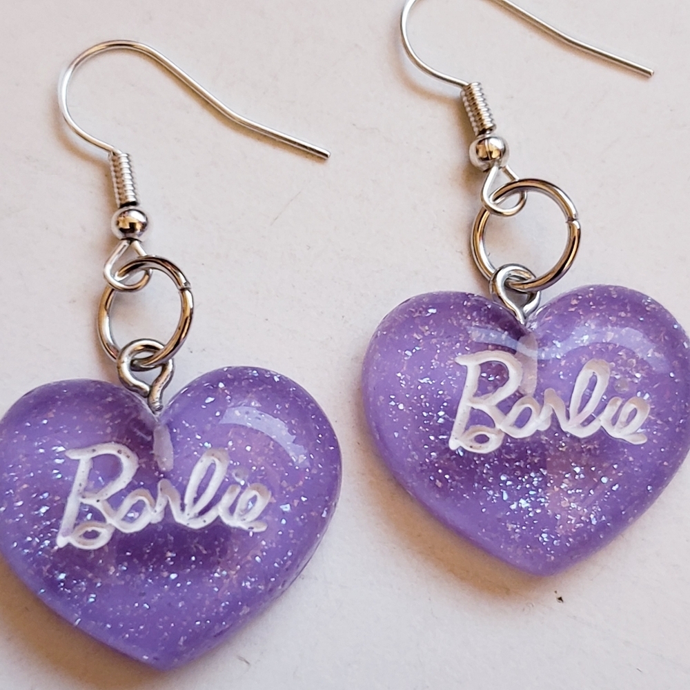 Handmade Purple Glitter Resin Heart Barbie Earrings